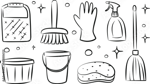Cleaning Doodle Icon Set – Hand Drawn Tools, Gloves, Sponge, Bucket & Spray Bottle