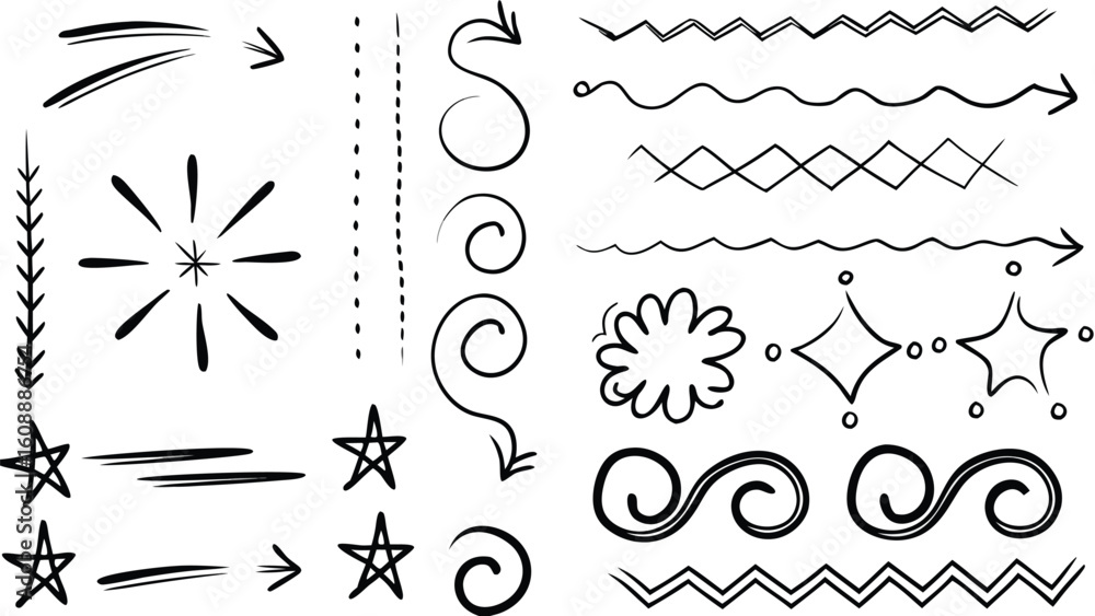 Fototapeta premium Hand Drawn Decorative Arrows & Dividers – Doodle Lines, Swirls, Stars & Borders