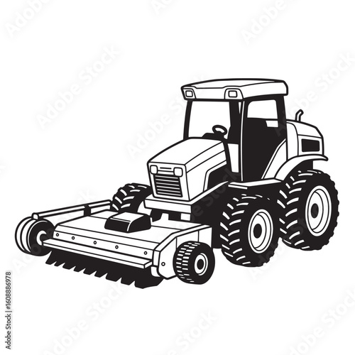 Vector illustration of a detailed black and white commercial lawn mower tractor