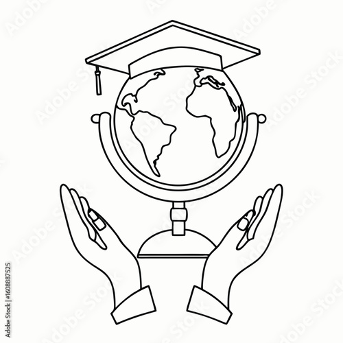 hands holding globe wearing graduation cap black line drawing for infographic