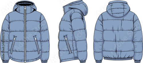  Blue puffer jacket technical flat sketch, front side back view, winter outerwear design, fashion template, vector apparel illustration, zipper detail

flat vector illustration