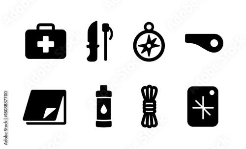 Essential camping gear icons set: knife, compass, whistle, first aid, and more in black silhouette