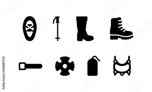 Outdoor adventure icons set featuring hiking gear and equipment in silhouette style
