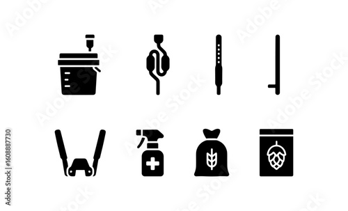 Brewing equipment icons set: fermenter, hydrometer, yeast, grain, hops, thermometer, sanitizer