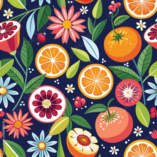 Delightful seamless pattern of citrus fruits and flowers blooming on a dark blue background