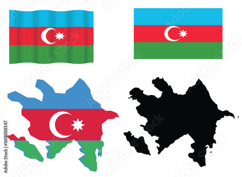 Azerbaijan Map in Black and Colorful Tones with Wavy and Rectangle-Shaped National Flags


