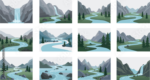 Scenic river landscapes, mountain valley illustration, winding water streams, pine trees forest, serene nature backgrounds, peaceful outdoor views, digital artwork collection