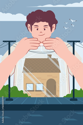 A person is gently covering a house inside a transparent bag, symbolizing protection, safety, and care for the home.
