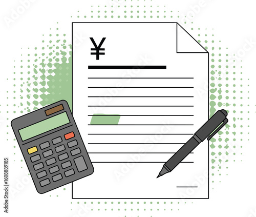 Business document with yen currency symbol, calculator, and pen illustration, financial paperwork concept for accounting, expense tracking, tax calculation, budget planning, money management 
