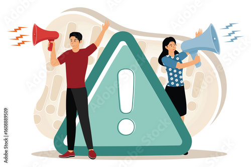 Important announcement concept. People announce on megaphone with attention exclamation sign