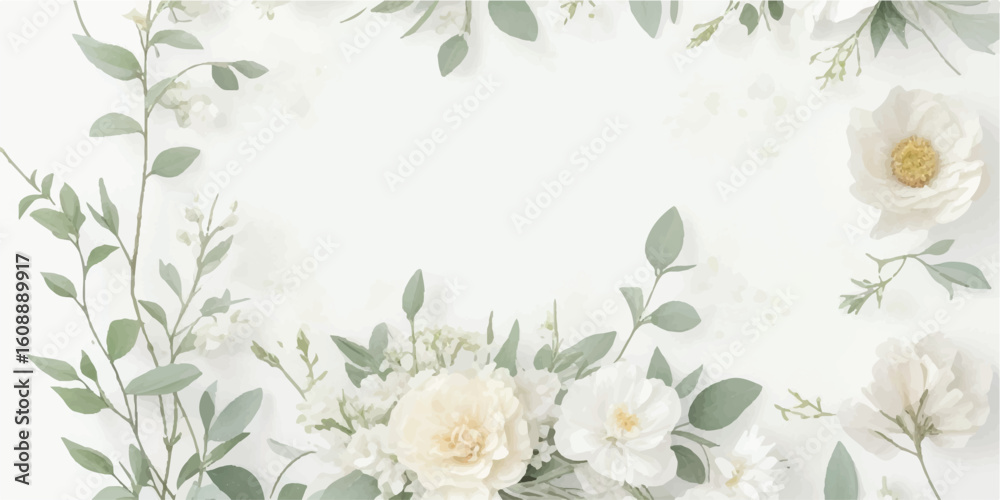 Fototapeta premium Botanical Watercolor Flower Clipart Pack with Butter Yellow Blooms, Dusty Blue and Sage Leaves, and Ivory White Flowers Isolated on Transparent 