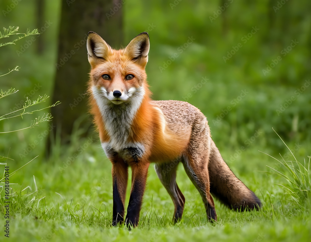 Fototapeta premium A red fox is between the green grass in the forest.