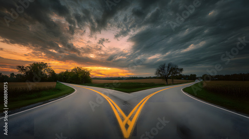 A dramatic split in the road under a moody sky, symbolizing life's pivotal choices.