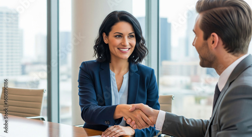 Two people in business attire shaking hands across a table in a modern office with large windows and a city view in the background.
