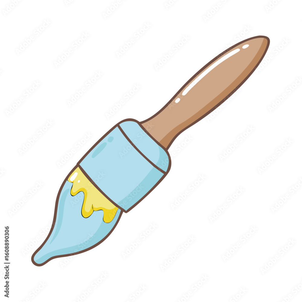 Fototapeta premium Cute Cartoon Paint Brush Vector with Blue and Yellow Liquid Color Drips