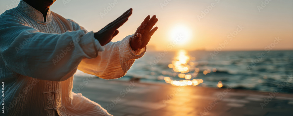 custom made wallpaper toronto digitalMental health boost moves at sunrise with graceful Tai Chi flow on oceanfront, breath-focused movement and traditional healing ritual for emotional harmony, focus, and seaside calm visuals