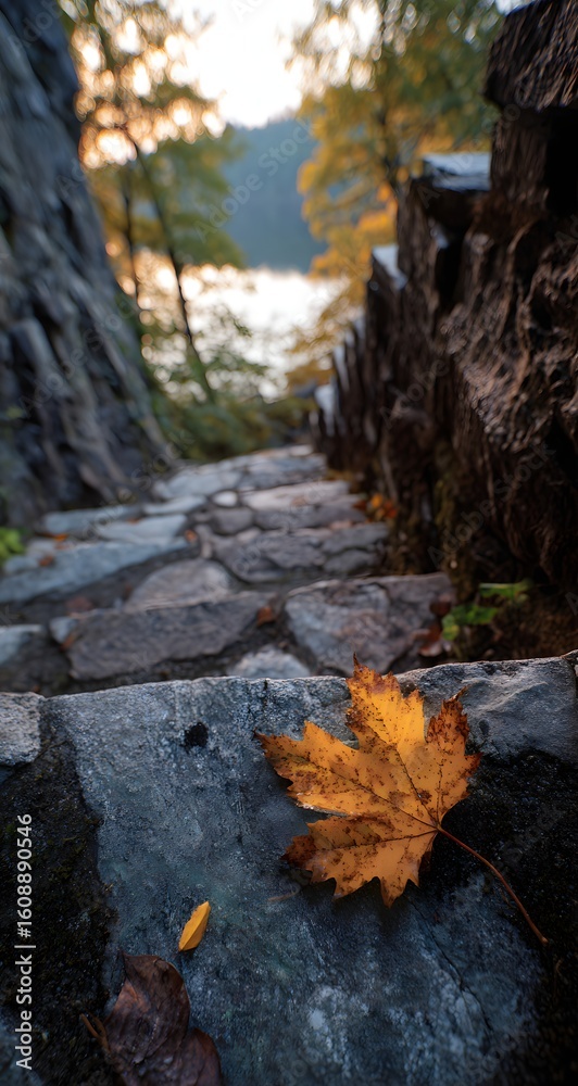 Obraz premium Autumn maple leaf on stone stairs in a scenic forest pathway