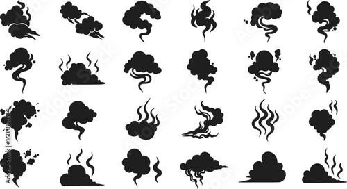 Smoke silhouettes collection, steam clouds, vapor shapes, black smoke puffs, cooking steam, hot air, wind blowing, smoke effect illustrations set