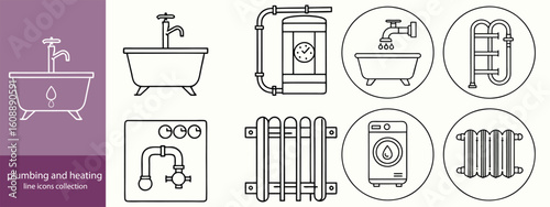 plumbing and heating line icons collection