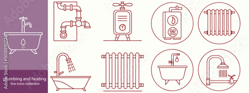 plumbing and heating line icons collection