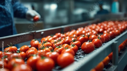 Tomato Processing Line: A close-up shot showcases a mechanized conveyor belt in a food processing facility, filled with rows of vibrant, ripe tomatoes ready for quality control.