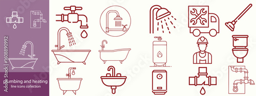 plumbing and heating line icons collection