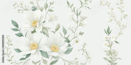 Romantic Watercolor Floral Illustration Set with Ivory Blooms, Butter Yellow Petals, Dusty Green Foliage, and Dusty Blue Details Isolated on Transparent Background
