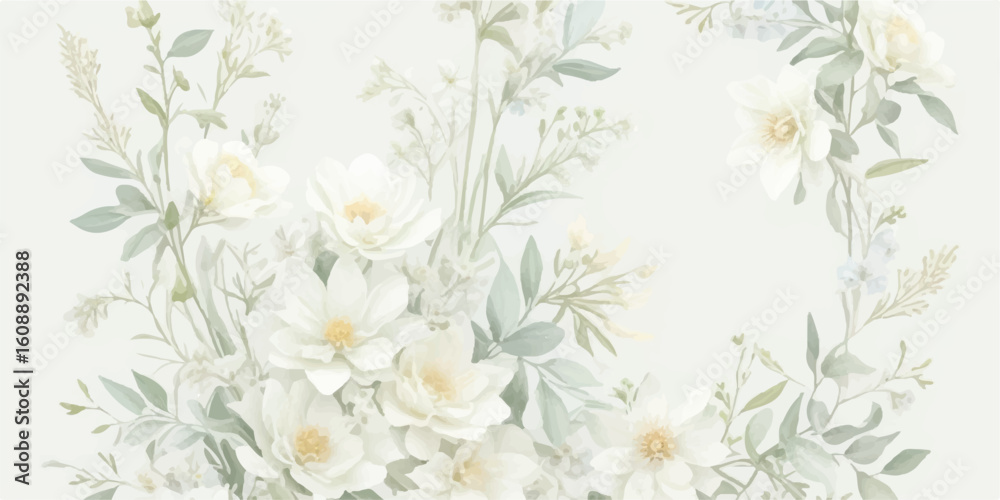 Fototapeta premium Romantic Watercolor Floral Illustration Set with Ivory Blooms, Butter Yellow Petals, Dusty Green Foliage, and Dusty Blue Details Isolated on Transparent Background 