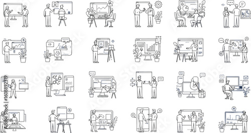 Business presentation vector illustrations, data marketing planning, corporate collaboration, line art style, workplace communication

 flat vector illustration