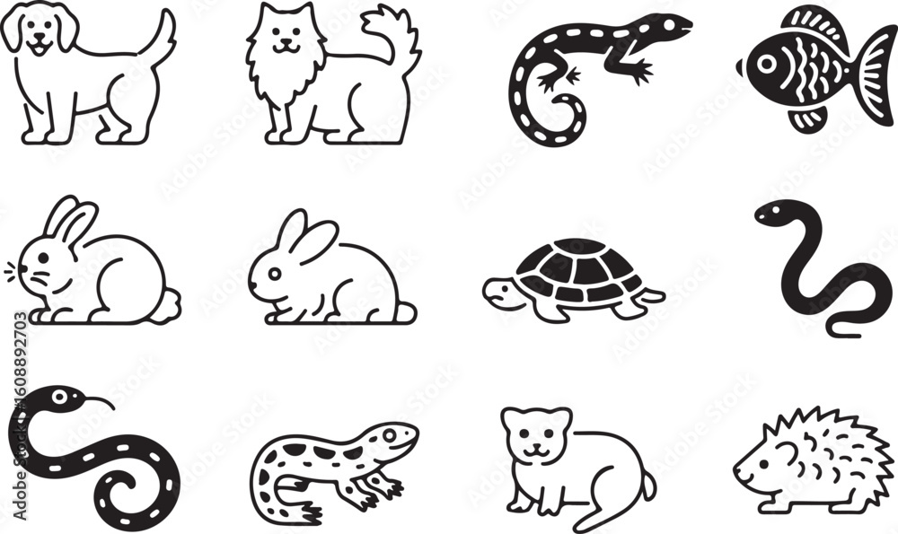 Fototapeta premium Cute Line Art Illustration of Various Pets and Animals