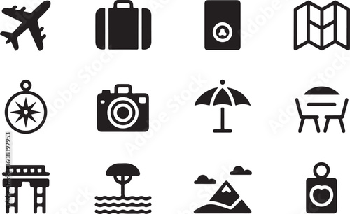 Black and White Travel Icons Set