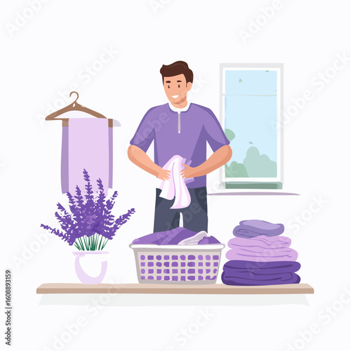 Man folding laundry in a serene room with lavender, surrounded by fresh towels and a laundry basket, viewed from the front