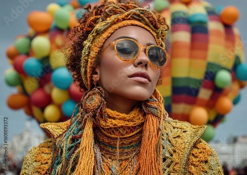 Woman wearing colorful accessories in celebration of freedom day