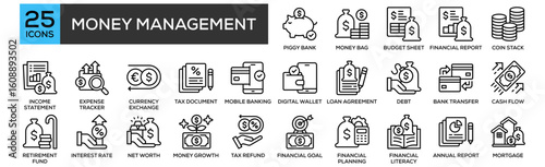 Money Management icon collection set. Containing design Piggy Bank, Money Bag, Budget Sheet, Financial Report, Coin Stack