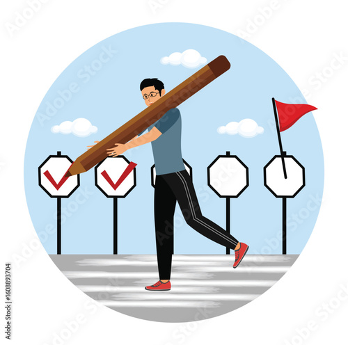 Project tracking concept. Man Carrying Giant Pencil Marking Checkbox.