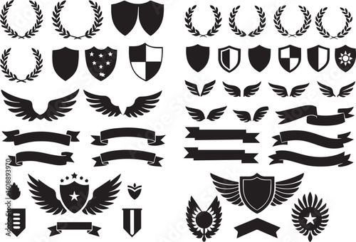 Laurel wreaths, shields, wings, ribbons illustration for awards, heraldry, logos, ribbon, and banners vector set