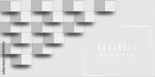 Modern abstract background featuring a grid of layered white and gray squares forming a diagonal pattern with subtle 3D shadow effects. Clean and minimalist design, ideal for business, technology