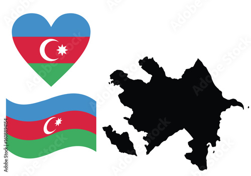 Black Map of Azerbaijan with Heart-Shaped and Wavy National Flags