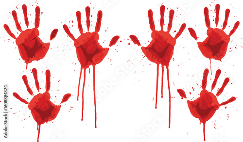 Bloody handprint splatter collection, red dripping palm marks for horror design, murder mystery art, Halloween background, spooky crime scene
