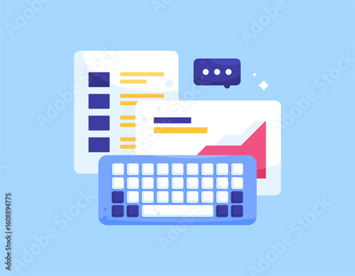 a data entry concept. entering, processing, and managing data into a computer system or database. illustration of a keyboard with information data. flat style design. blue background