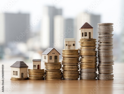 Miniature House on Coins Stack Representing Real Estate Investment - Urban Skyscraper Background