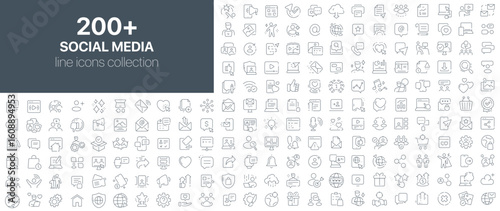 Social media line icons collection. Thin line icons for digital interaction, messaging, online content sharing, likes, comments, followers, and communication platforms
