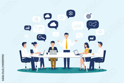Business team meeting for strategic planning, global fostering effective communication and collaborative innovation towards shared goals. flat vector illustration