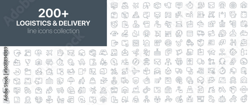Logistics and delivery line icons collection. Set of outline icons for shipping, courier service, warehouses, packing, air and ground transportation, and tracking systems