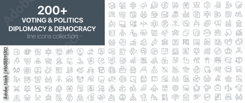 Politics and diplomacy icons collection with voting, elections, democracy, government, law, rights, public speaking, and civic engagement themes in modern outline design