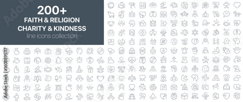 Faith and religion, charity and kindness icons collection showing prayer hands, crosses, churches, generosity, and spiritual themes in linear outline design. Ideal for non-profit and religious content