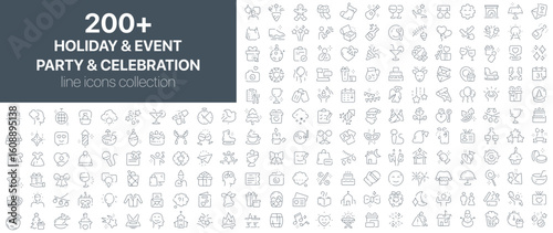 Holiday and event, party and celebration icons collection featuring New Year, Christmas, birthdays, and other festive activities in joyful outline design