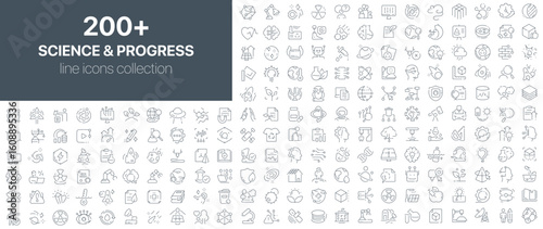 Science and progress icons collection featuring robotics, chemistry, physics, astronomy, and futuristic technology symbols in modern line art. Great for educational or scientific presentations
