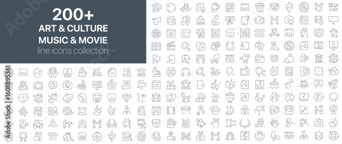 Art and culture, music and movie icons collection showcasing creativity, entertainment, performance, cinema, museum, history, and celebration symbols in linear outline style