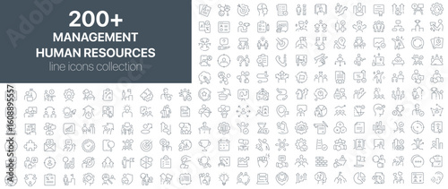 Human resources and management icons collection including teamwork, leadership, recruitment, goal setting, career development, and productivity symbols in clean linear style